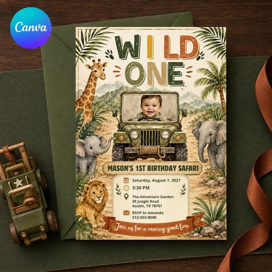 Safari Wild One First Birthday Invitation for Boys — editable Canva template