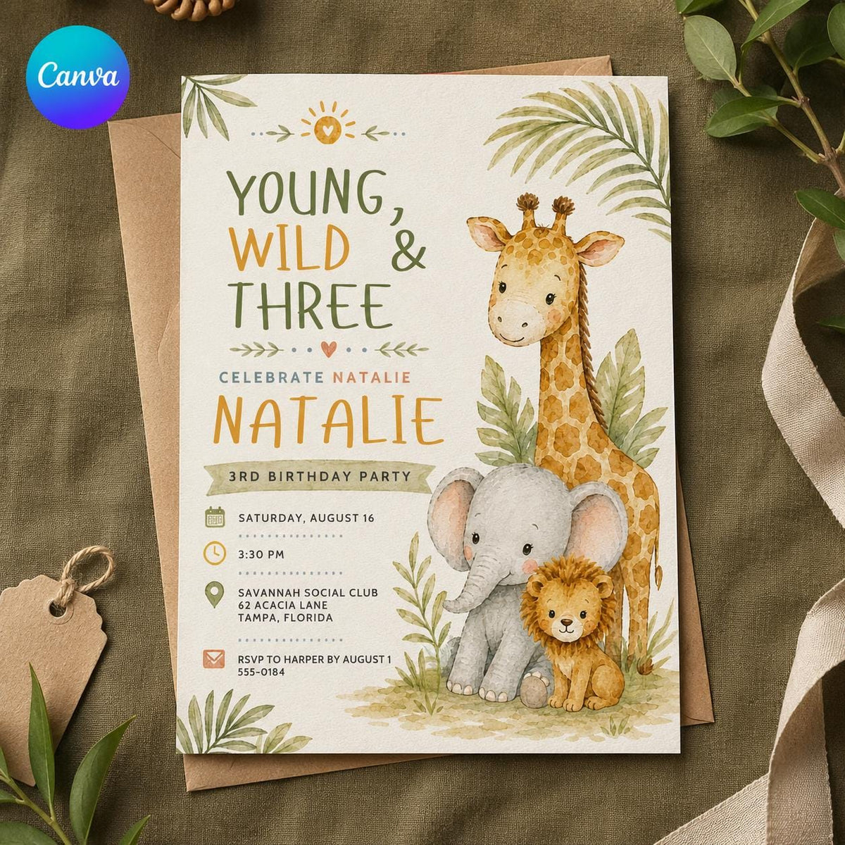 Safari Young Wild and Three Birthday Invitation — editable Canva template