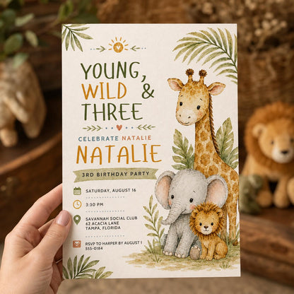 Safari Young Wild and Three Birthday Invitation — print-ready 3rd birthday party design from VoltBy