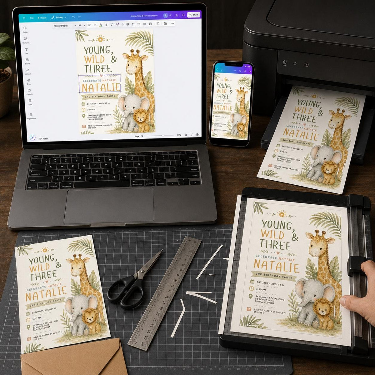 Safari Young Wild and Three Birthday Invitation — digital invitation, instant download