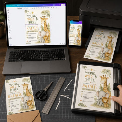 Safari Young Wild and Three Birthday Invitation — digital invitation, instant download