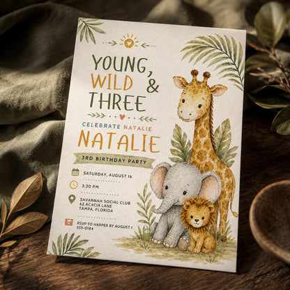 Safari Young Wild and Three Birthday Invitation — 3rd birthday party stationery by VoltBy