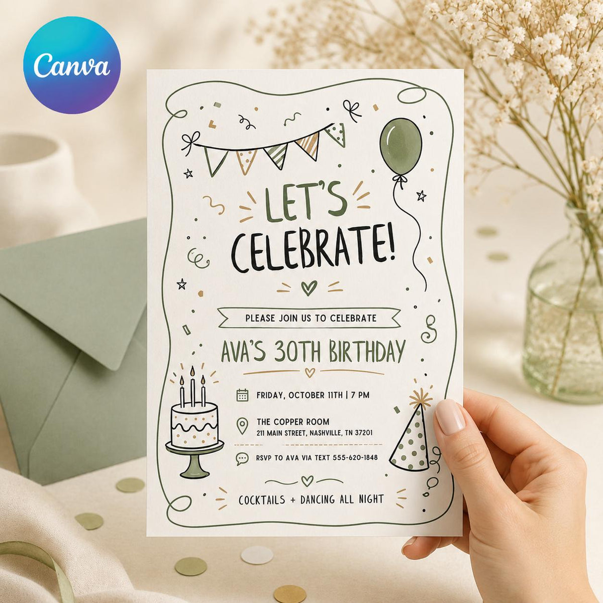 Sage Doodle Let's Celebrate 30th Birthday Invitation — invitation you personalize in Canva
