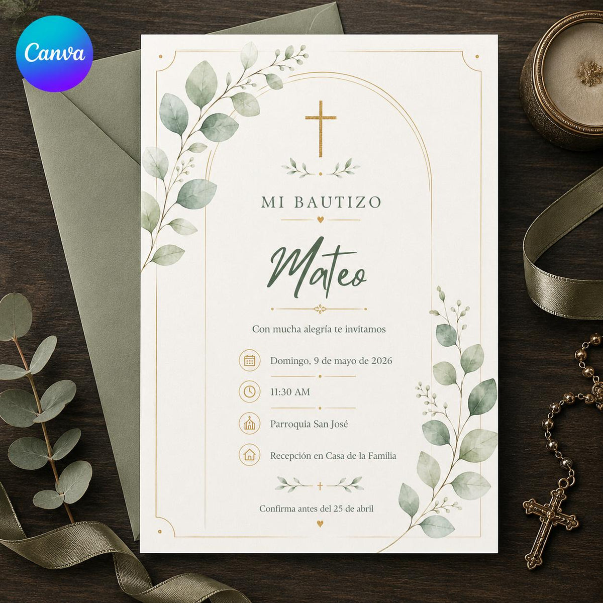 Sage Green and Gold Spanish Baptism Invitation — editable Canva template