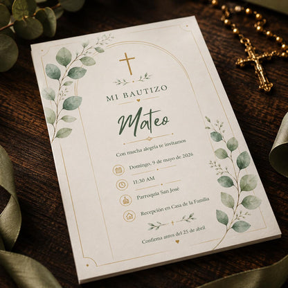 Sage Green and Gold Spanish Baptism Invitation — cross eucalyptus design