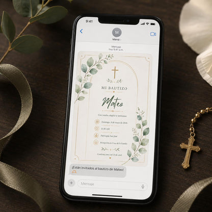 Sage Green and Gold Spanish Baptism Invitation — invitation you personalize in Canva