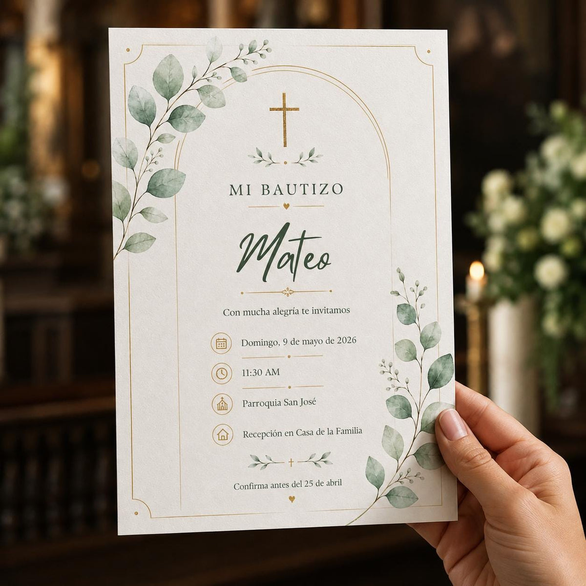 Sage Green and Gold Spanish Baptism Invitation — print-ready baptism design from VoltBy