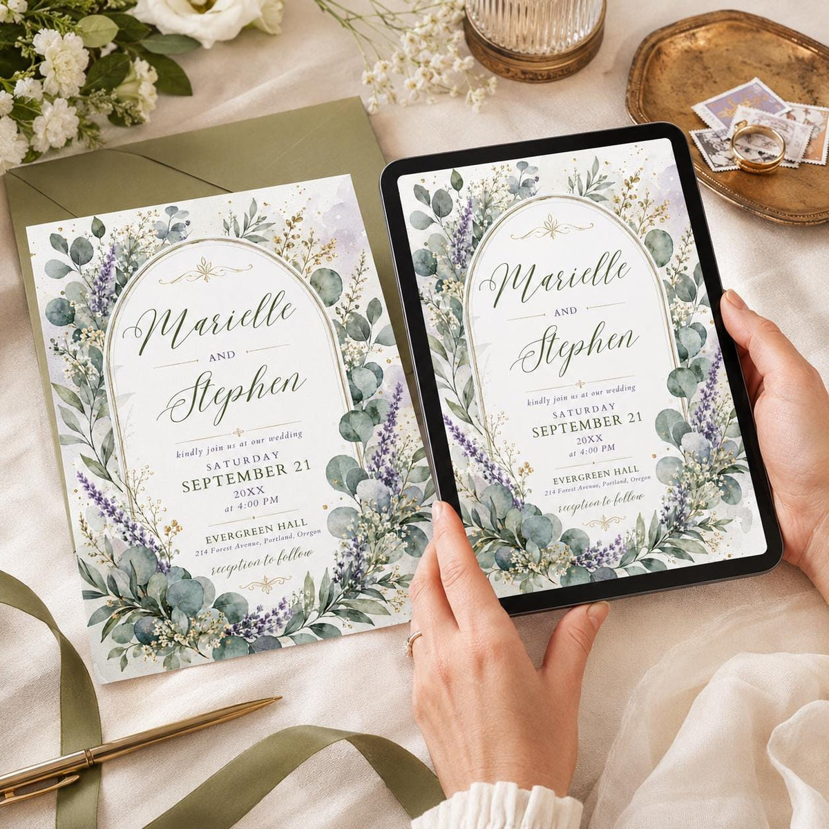 Sage Green and Lavender Eucalyptus Wedding Invitation — greenery design