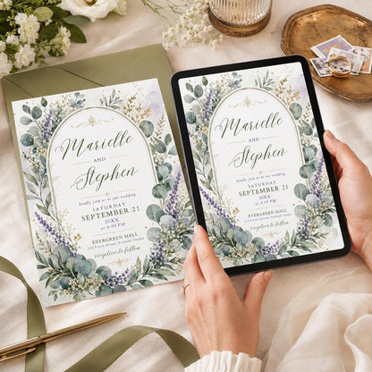 Sage Green and Lavender Eucalyptus Wedding Invitation — greenery design