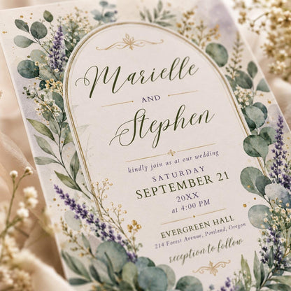 Sage Green and Lavender Eucalyptus Wedding Invitation — invitation you personalize in Canva