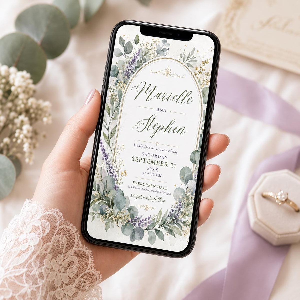 Sage Green and Lavender Eucalyptus Wedding Invitation — print-ready wedding design from VoltBy