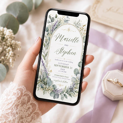 Sage Green and Lavender Eucalyptus Wedding Invitation — print-ready wedding design from VoltBy