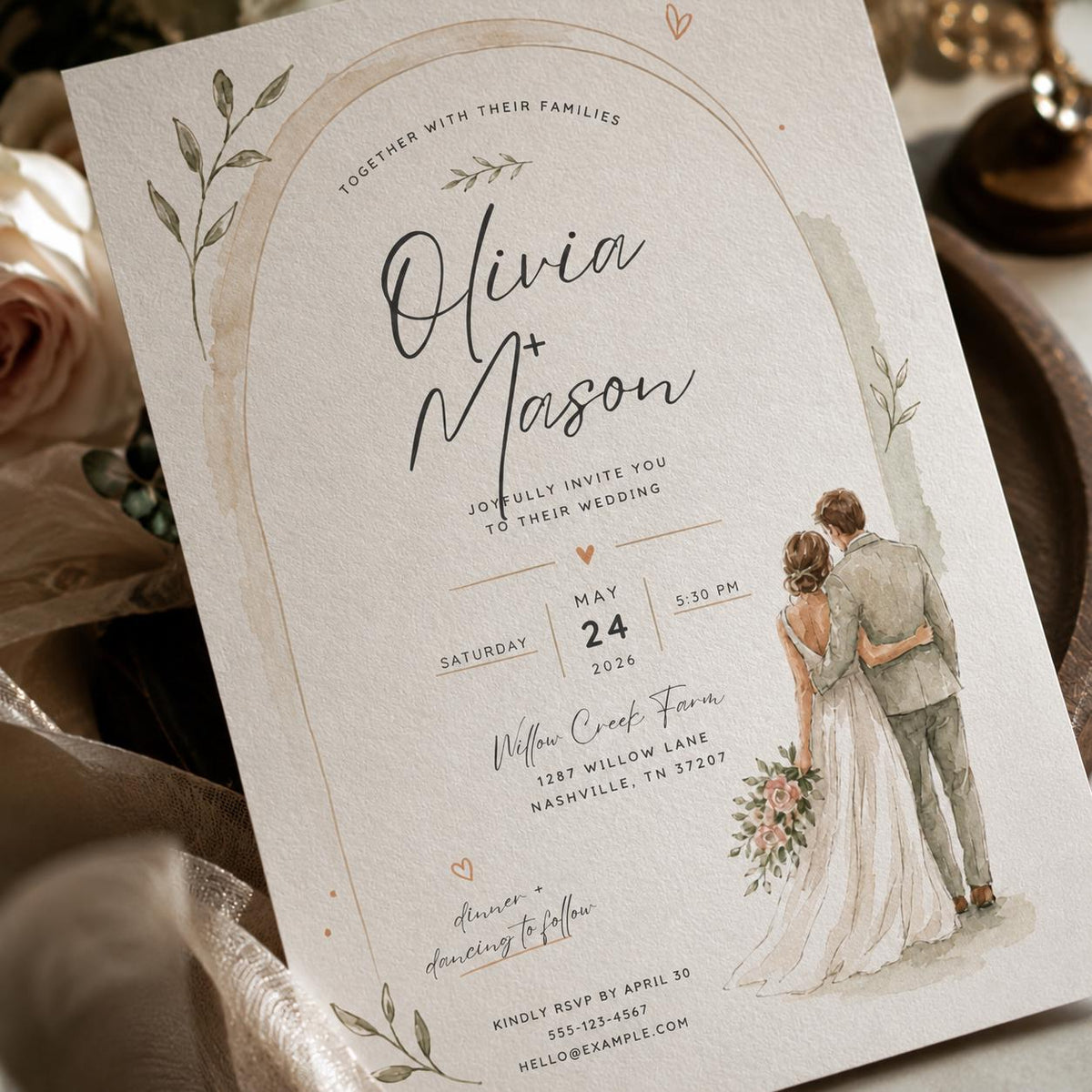 Sage Green and Neutral Watercolor Wedding Invitation — botanical wedding design