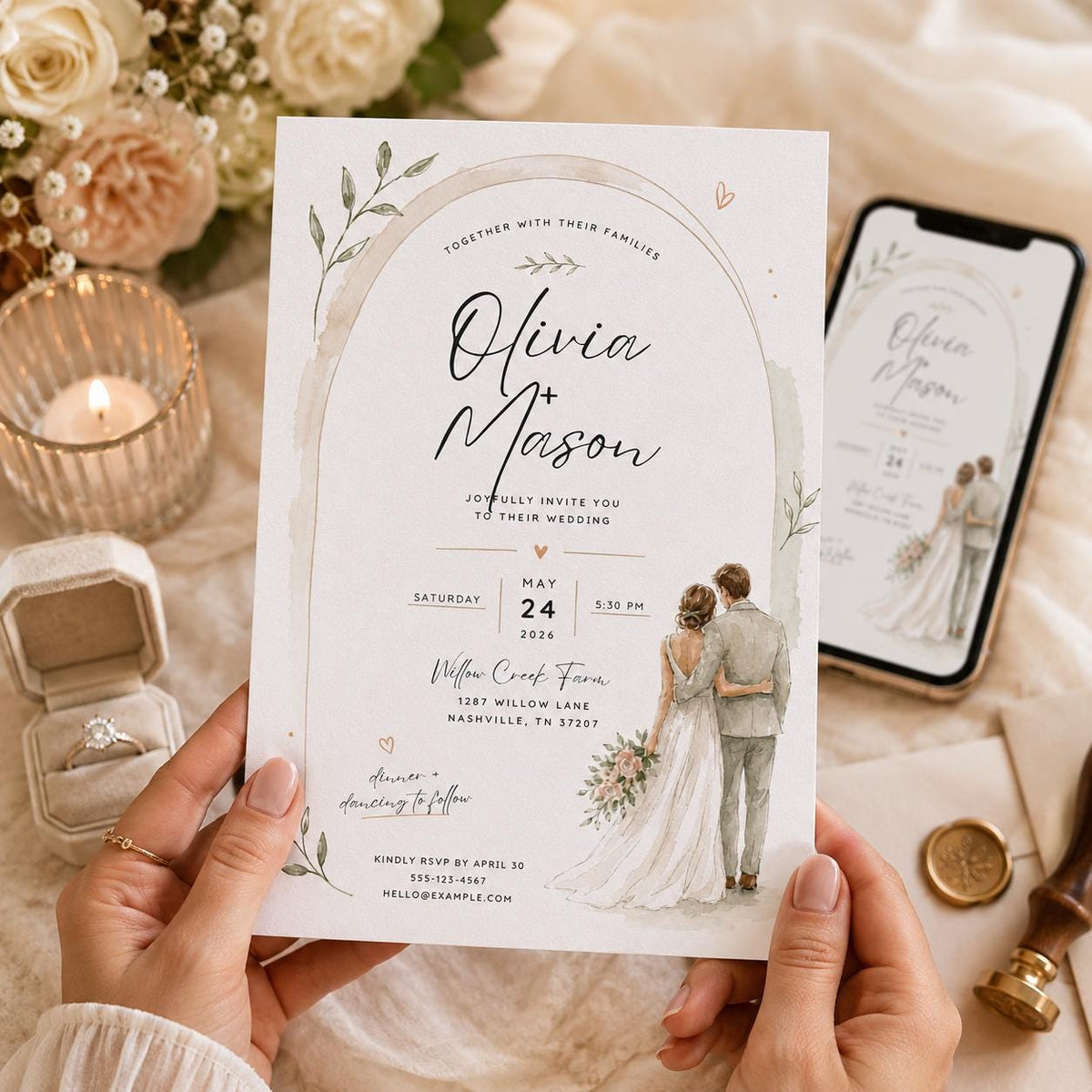 Sage Green and Neutral Watercolor Wedding Invitation — print-ready wedding design from VoltBy