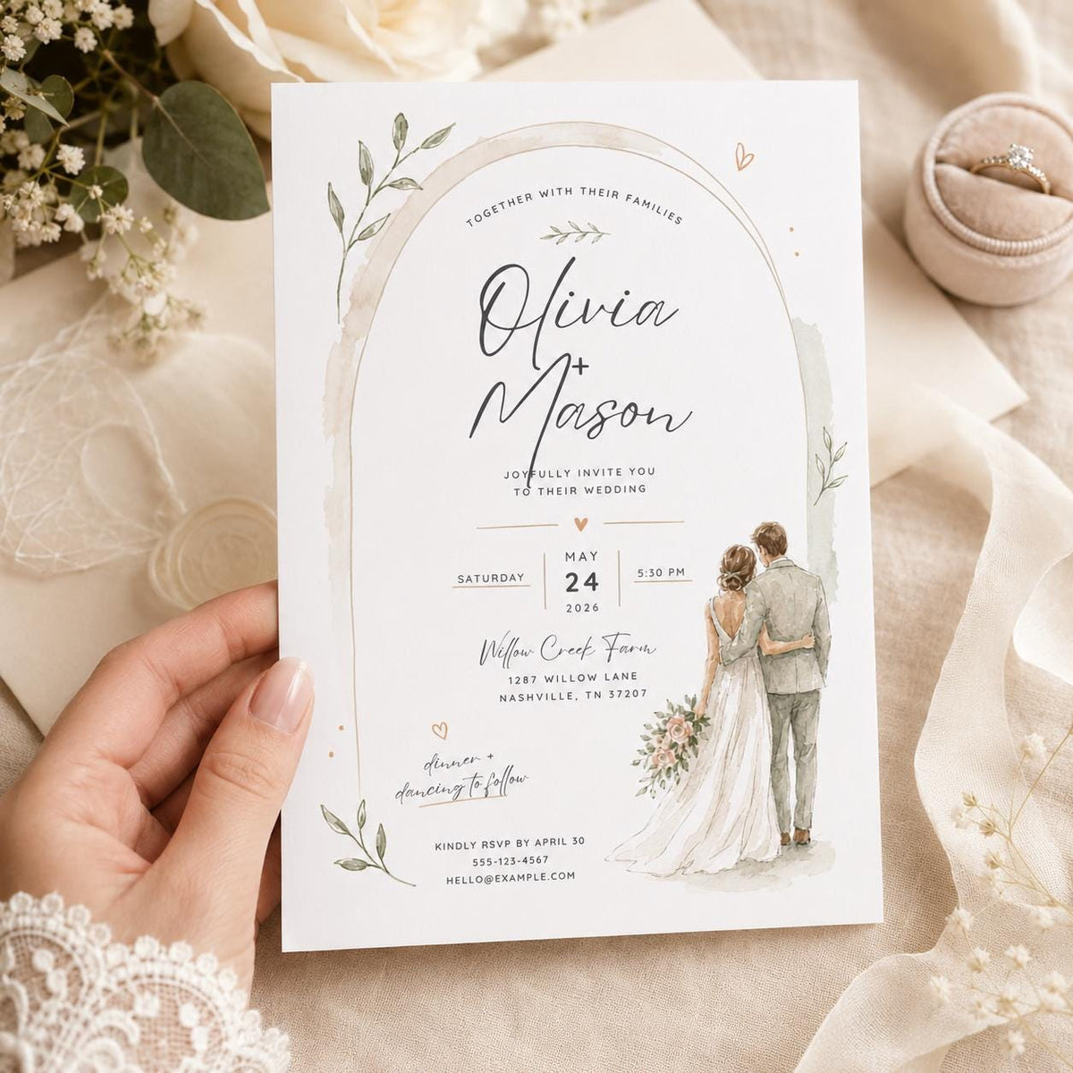 Sage Green and Neutral Watercolor Wedding Invitation — digital invitation, instant download