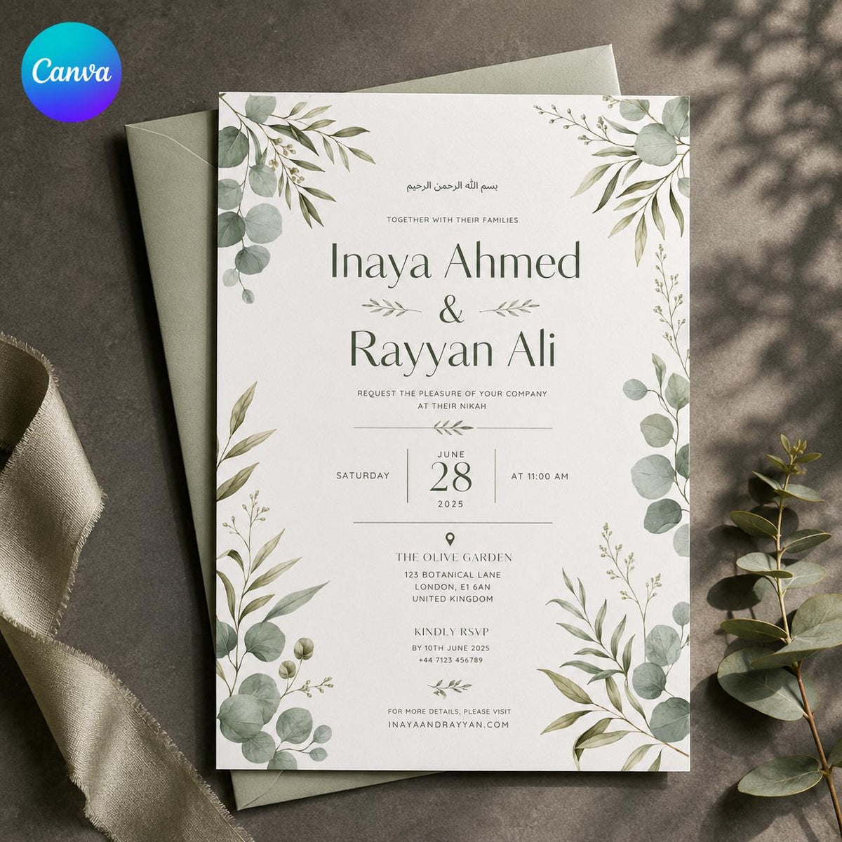 Sage Green Botanical Nikah Invitation — editable Canva template