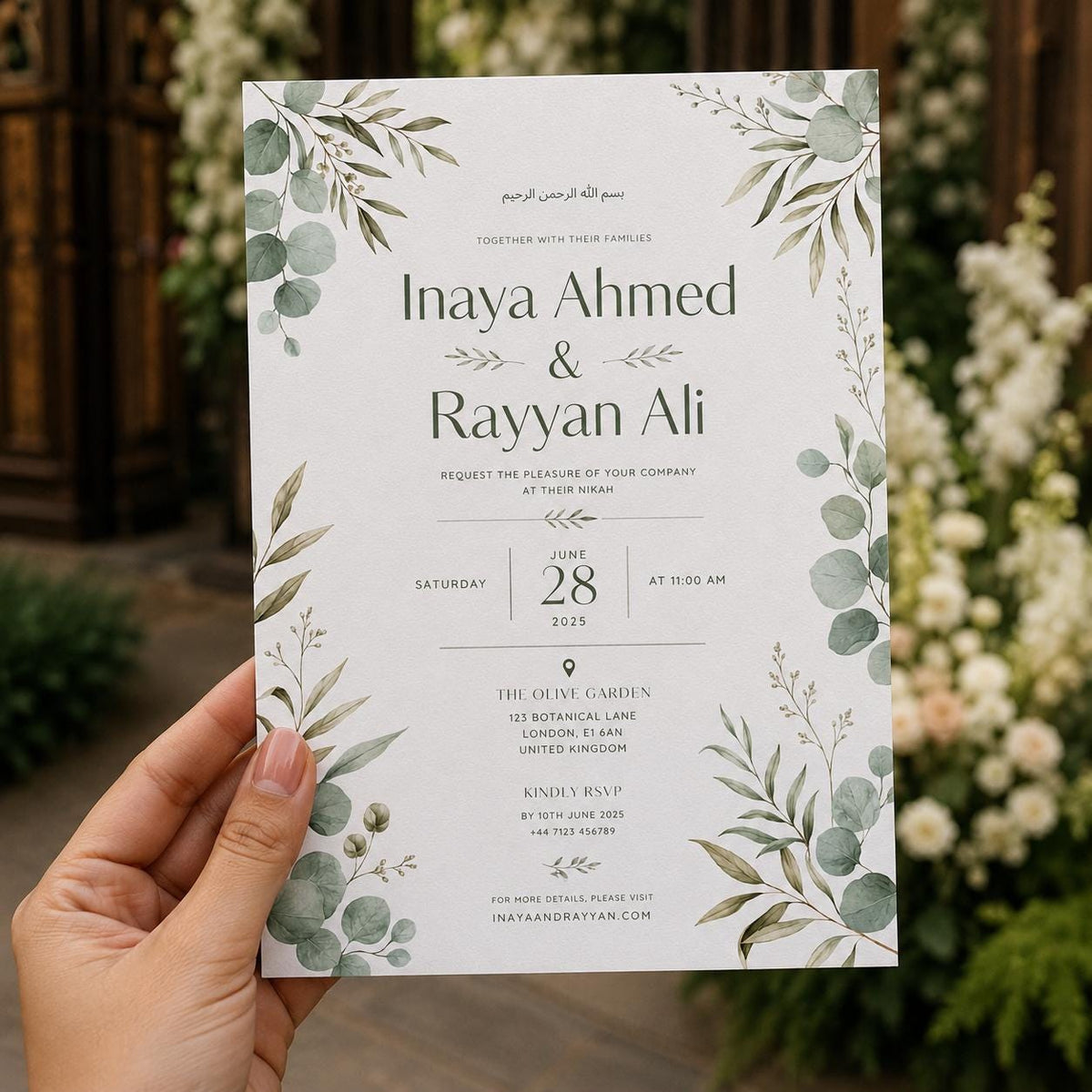 Sage Green Botanical Nikah Invitation — invitation you personalize in Canva
