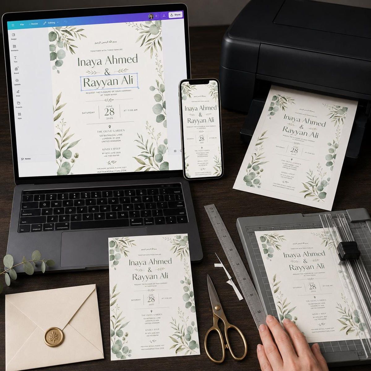 Sage Green Botanical Nikah Invitation — print-ready nikah ceremony design from VoltBy