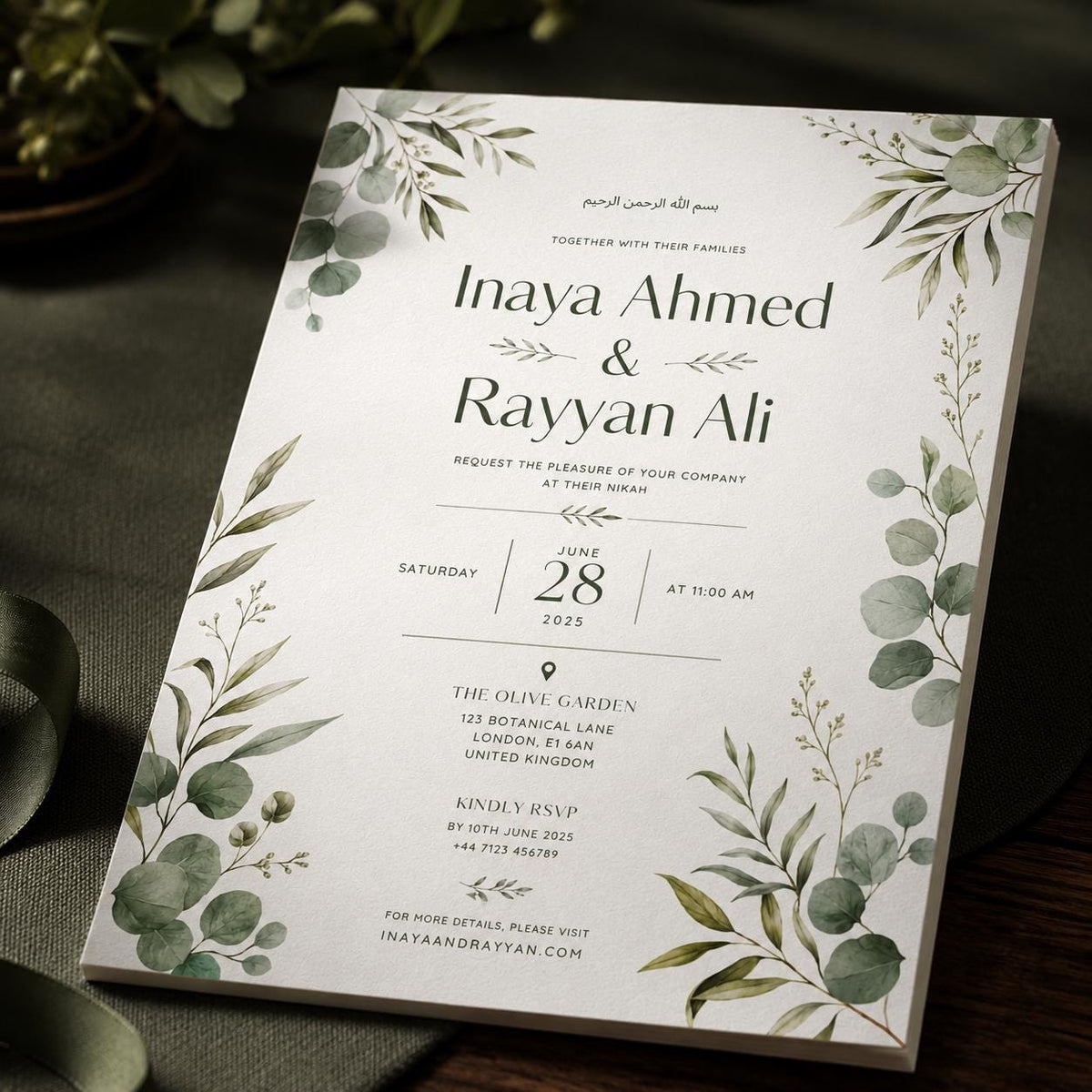 Sage Green Botanical Nikah Invitation — digital invitation, instant download