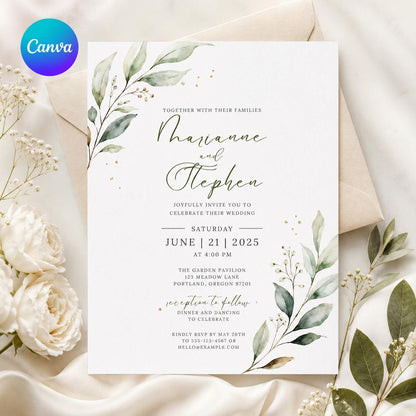 Sage Green Minimalist Greenery Wedding Invitation — editable Canva template