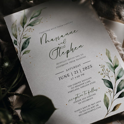 Sage Green Minimalist Greenery Wedding Invitation — leaf design