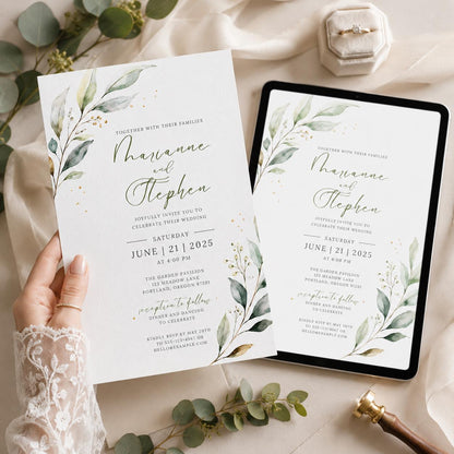 Sage Green Minimalist Greenery Wedding Invitation — invitation you personalize in Canva