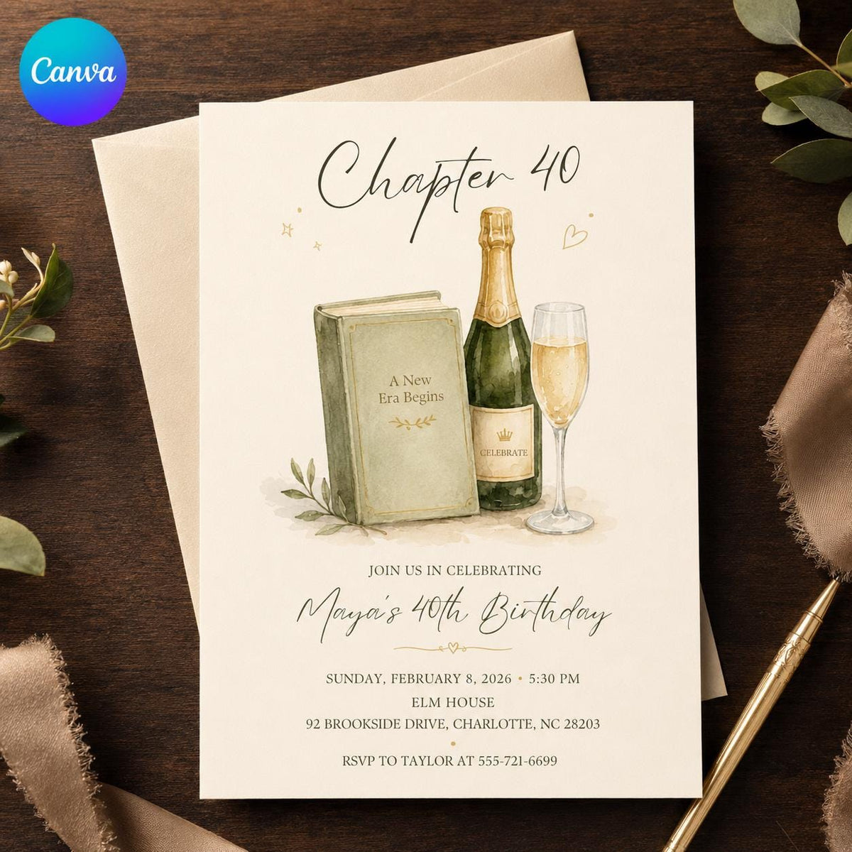 Sage Green Watercolor 40th Birthday Invitation — editable Canva template