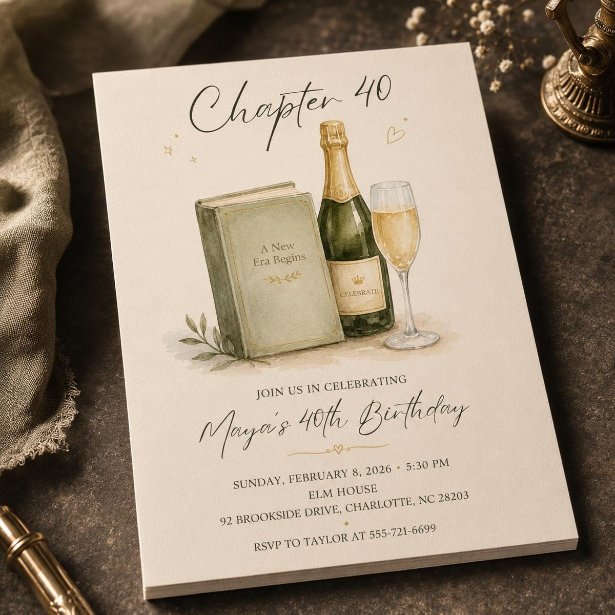 Sage Green Watercolor 40th Birthday Invitation — print-ready 40th birthday party design from VoltBy