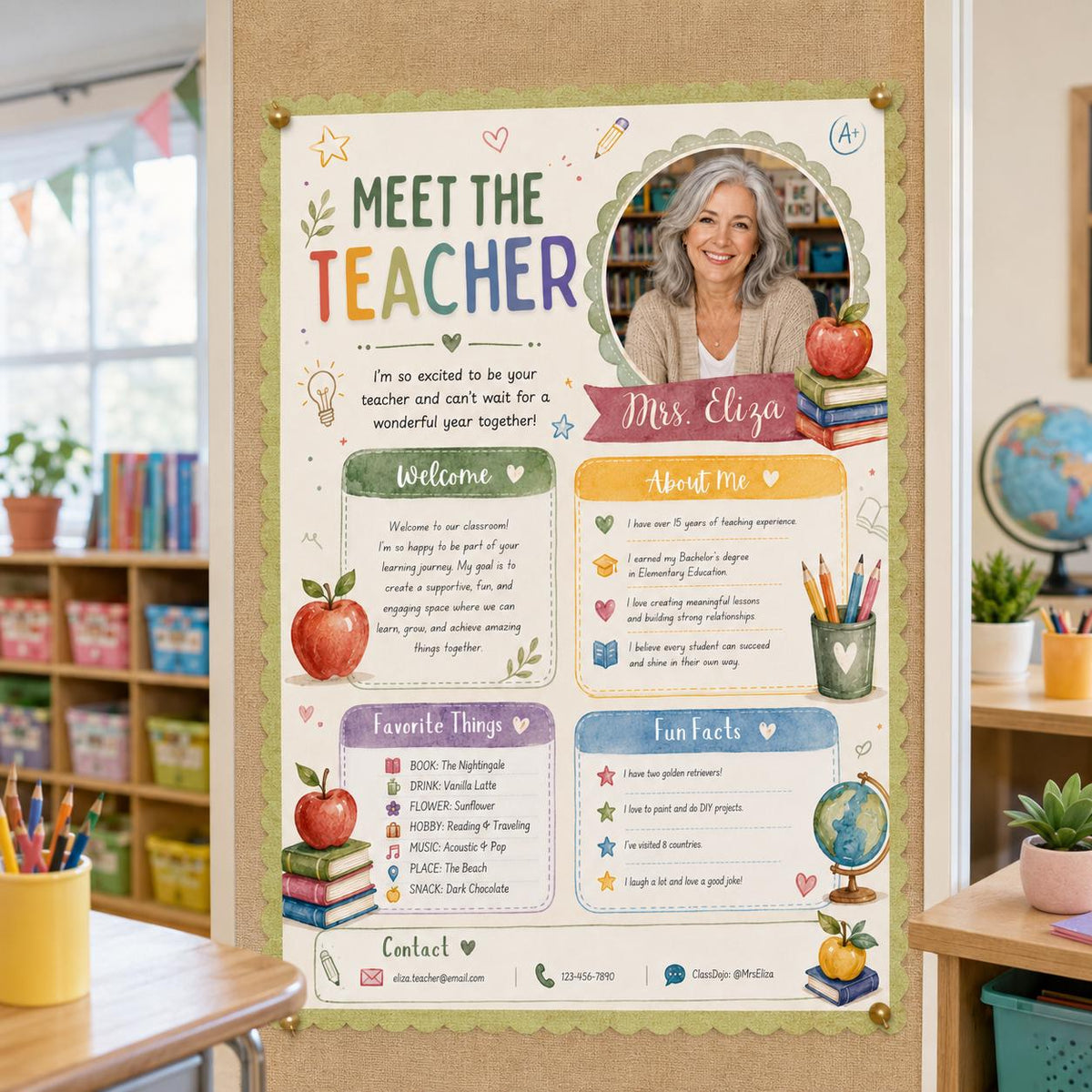 Sage Photo Meet the Teacher Introduction Template in cream and green