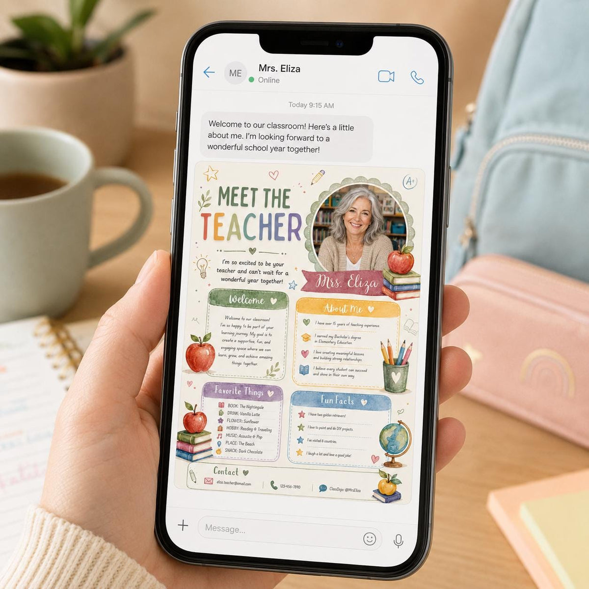 Sage Photo Meet the Teacher Introduction Template — apple and library artwork in cream and green