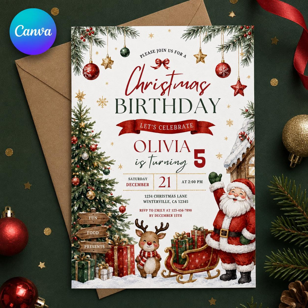 Santa and Reindeer Christmas 5th Birthday Invitation — editable Canva template