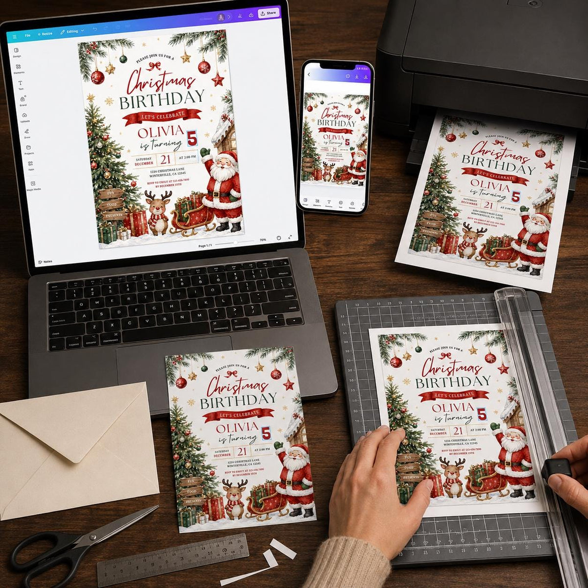 Santa and Reindeer Christmas 5th Birthday Invitation — print-ready 5th birthday party design from VoltBy