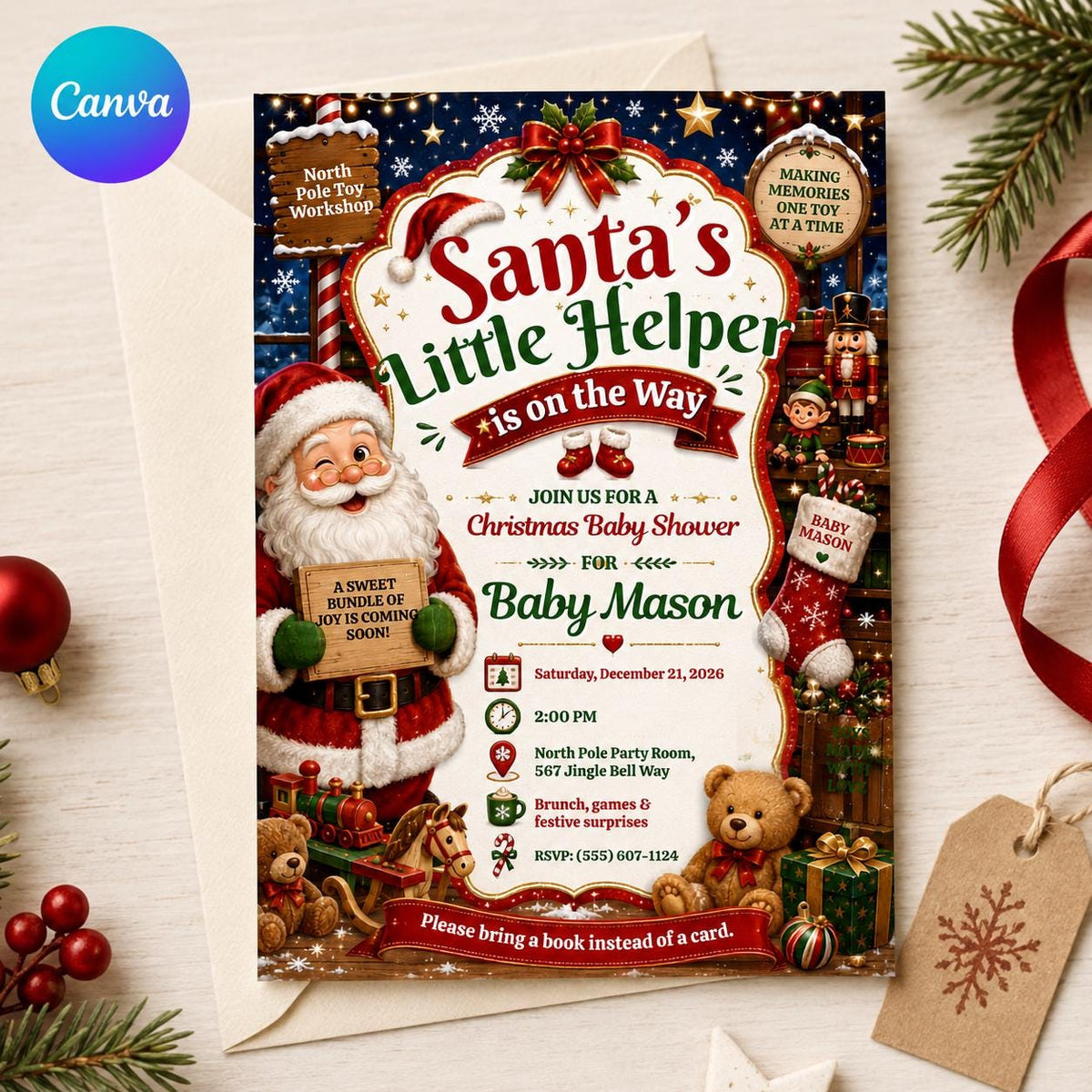 Santa Baby Shower Invitation for Boys — editable Canva template
