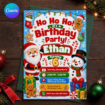 Santa Christmas 6th Birthday Invitation — editable Canva template