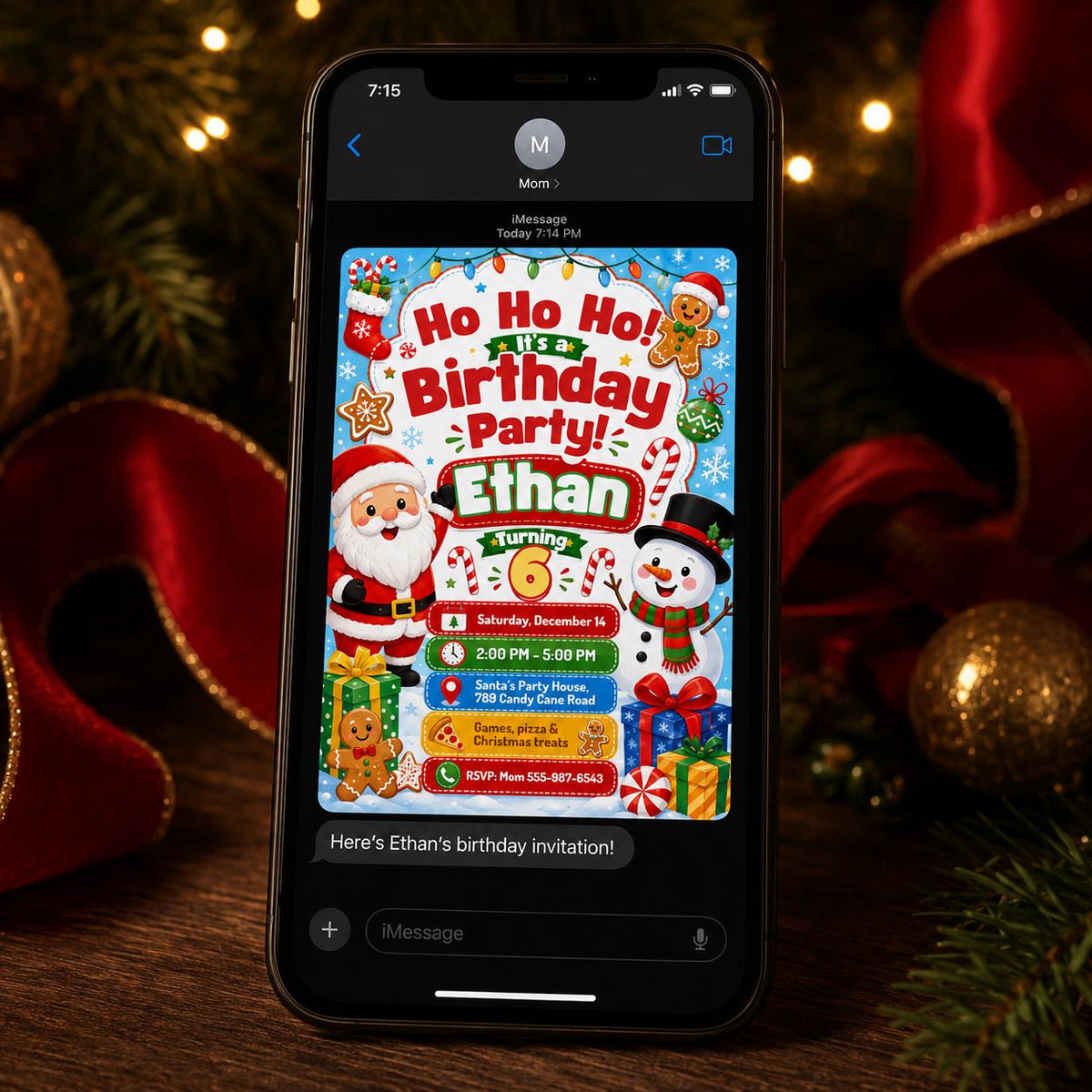 Santa Christmas 6th Birthday Invitation — snowman design