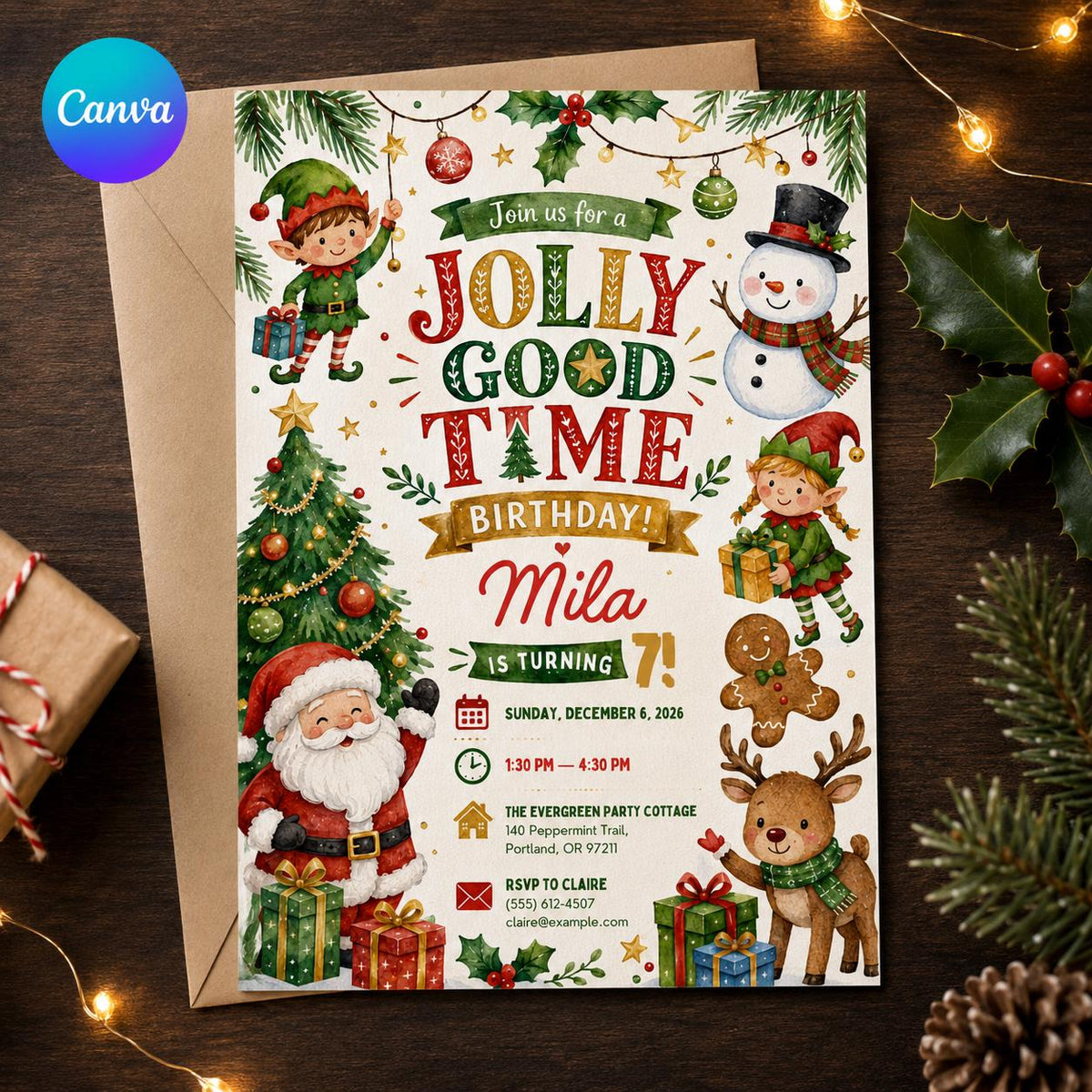 Santa Christmas 7th Birthday Invitation — editable Canva template