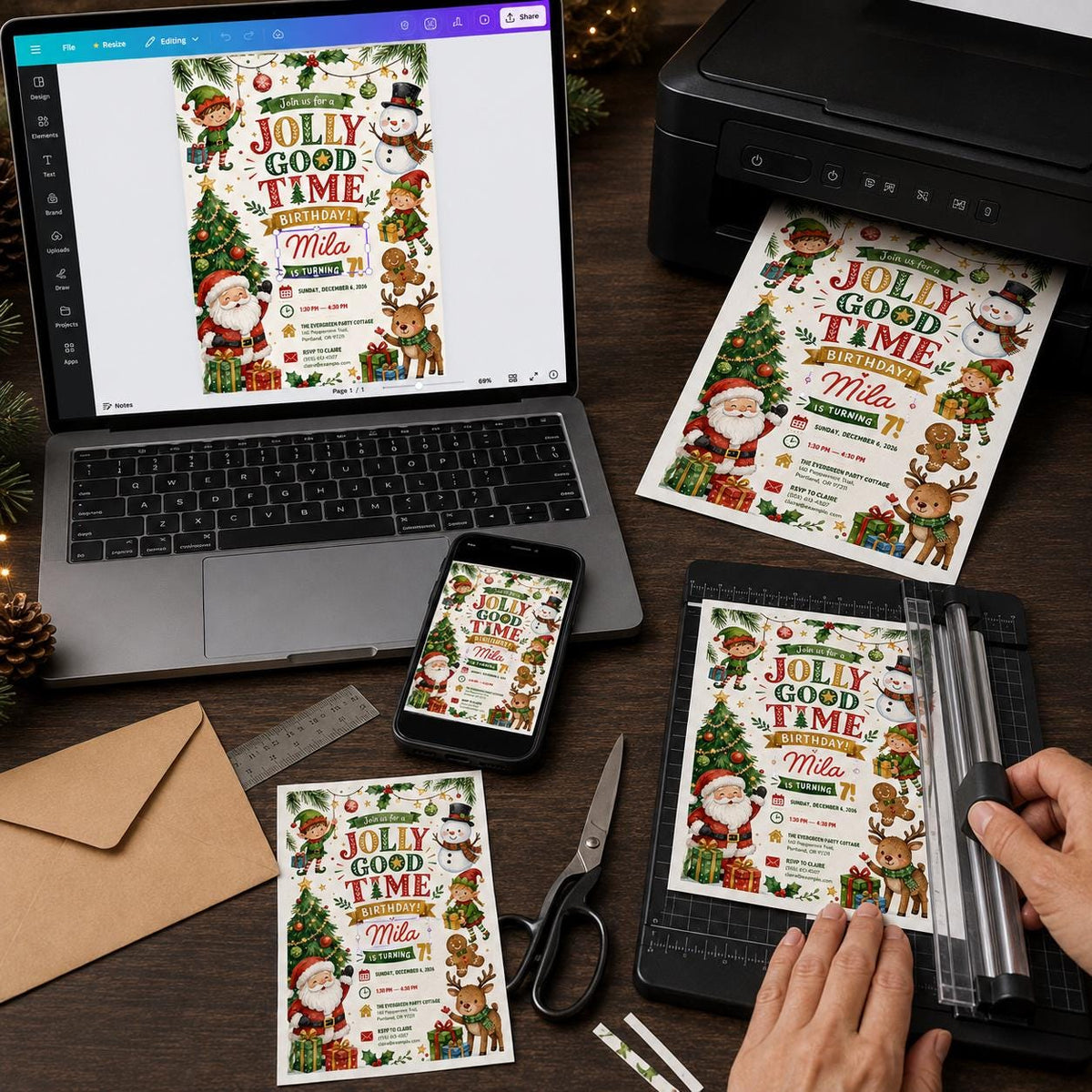 Santa Christmas 7th Birthday Invitation — print-ready 7th birthday party design from VoltBy