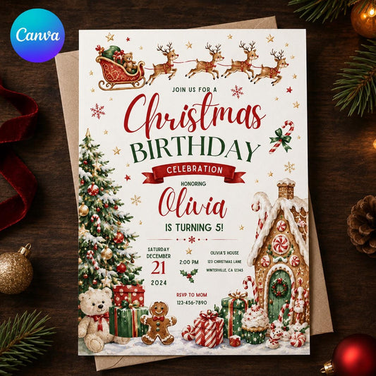 Santa Sleigh Christmas 5th Birthday Invitation — editable Canva template