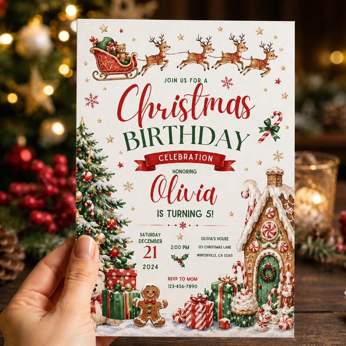 Santa Sleigh Christmas 5th Birthday Invitation — reindeer design