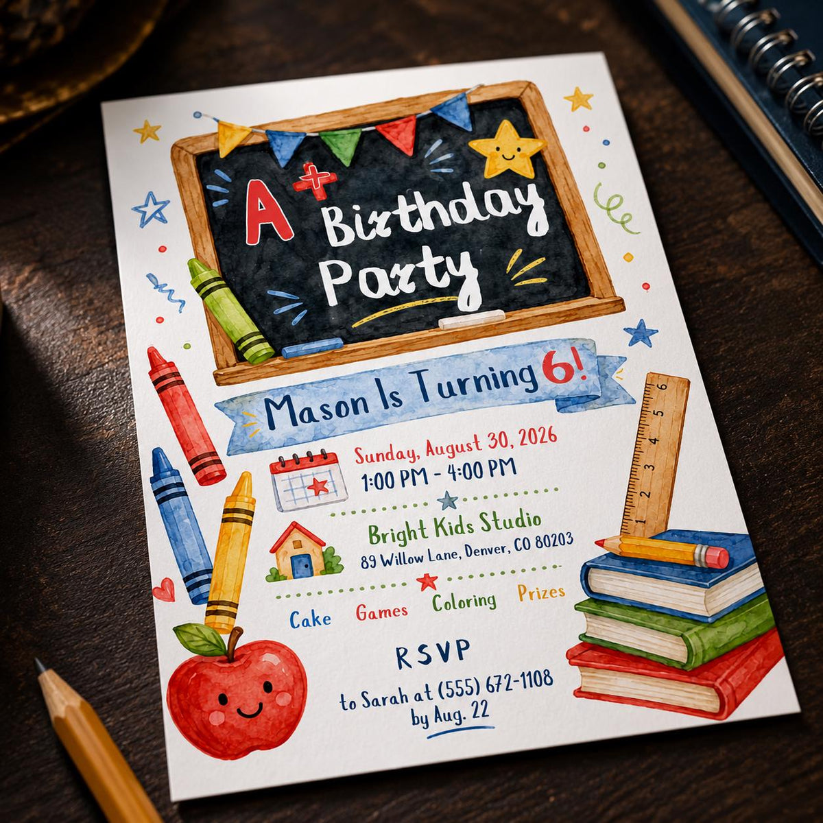 School 6th Birthday Invitation — print-ready 6th birthday party design from VoltBy