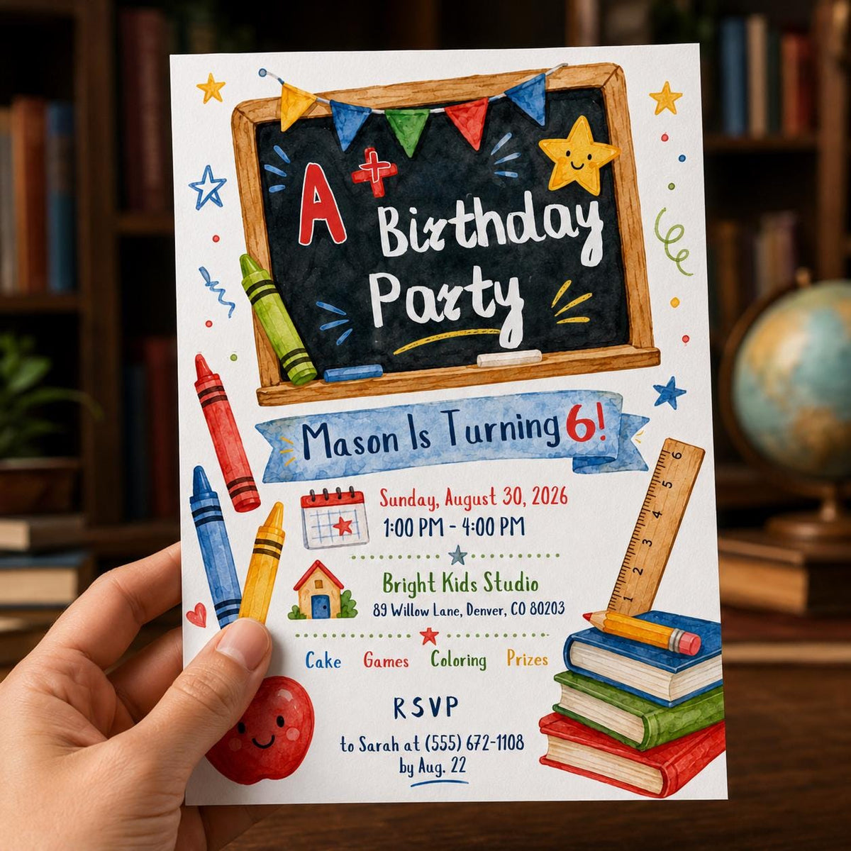 School 6th Birthday Invitation — digital invitation, instant download