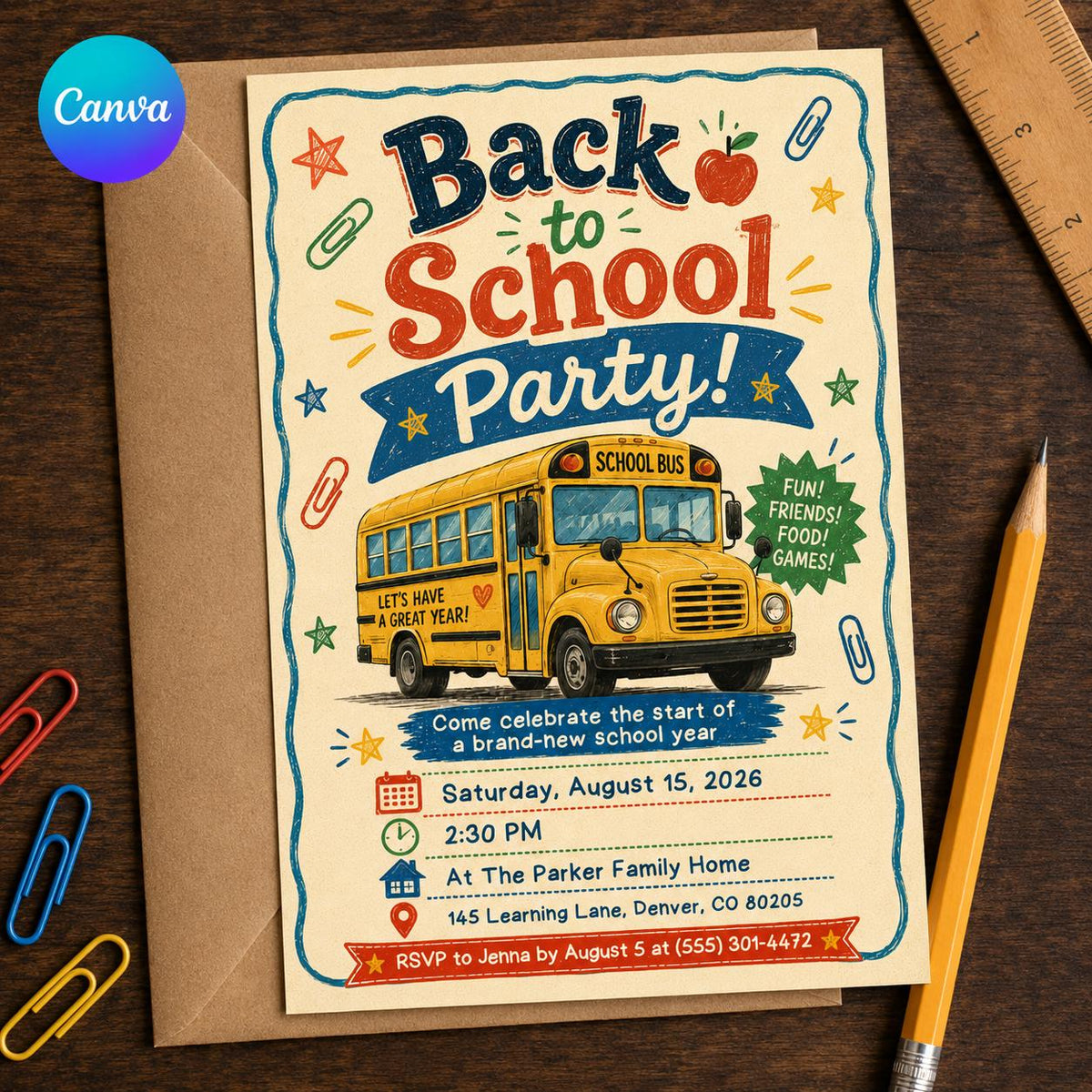School Bus Back to School Party Invitation: End of Summer Kids Celebration — editable Canva template