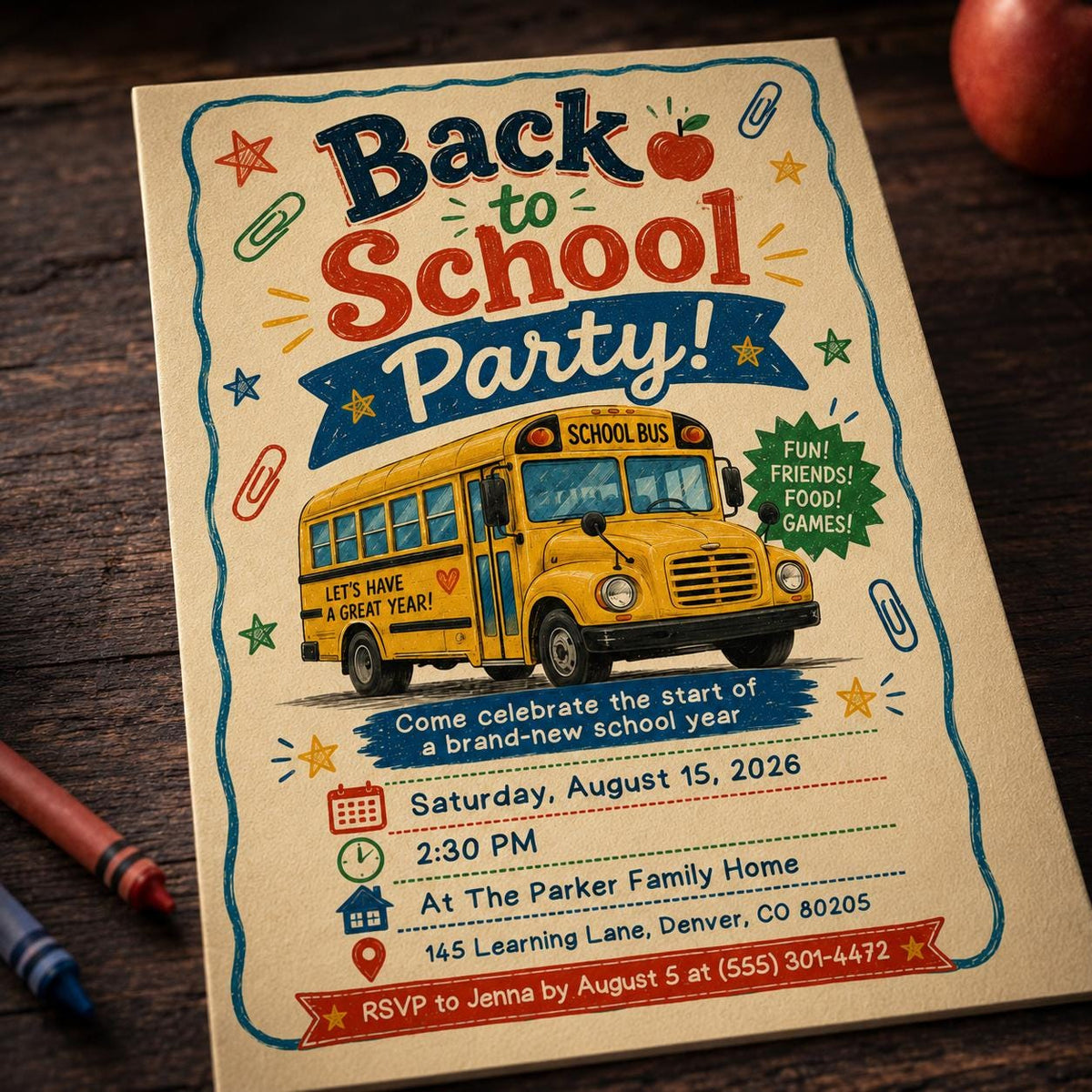 School Bus Back to School Party Invitation: End of Summer Kids Celebration — invitation you personalize in Canva