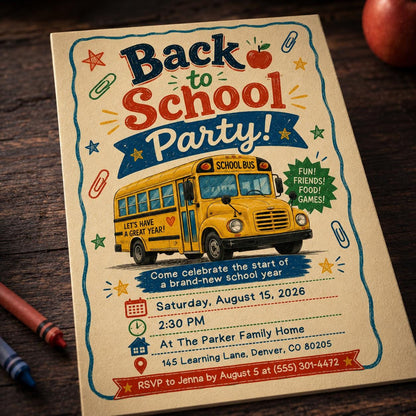 School Bus Back to School Party Invitation: End of Summer Kids Celebration — invitation you personalize in Canva