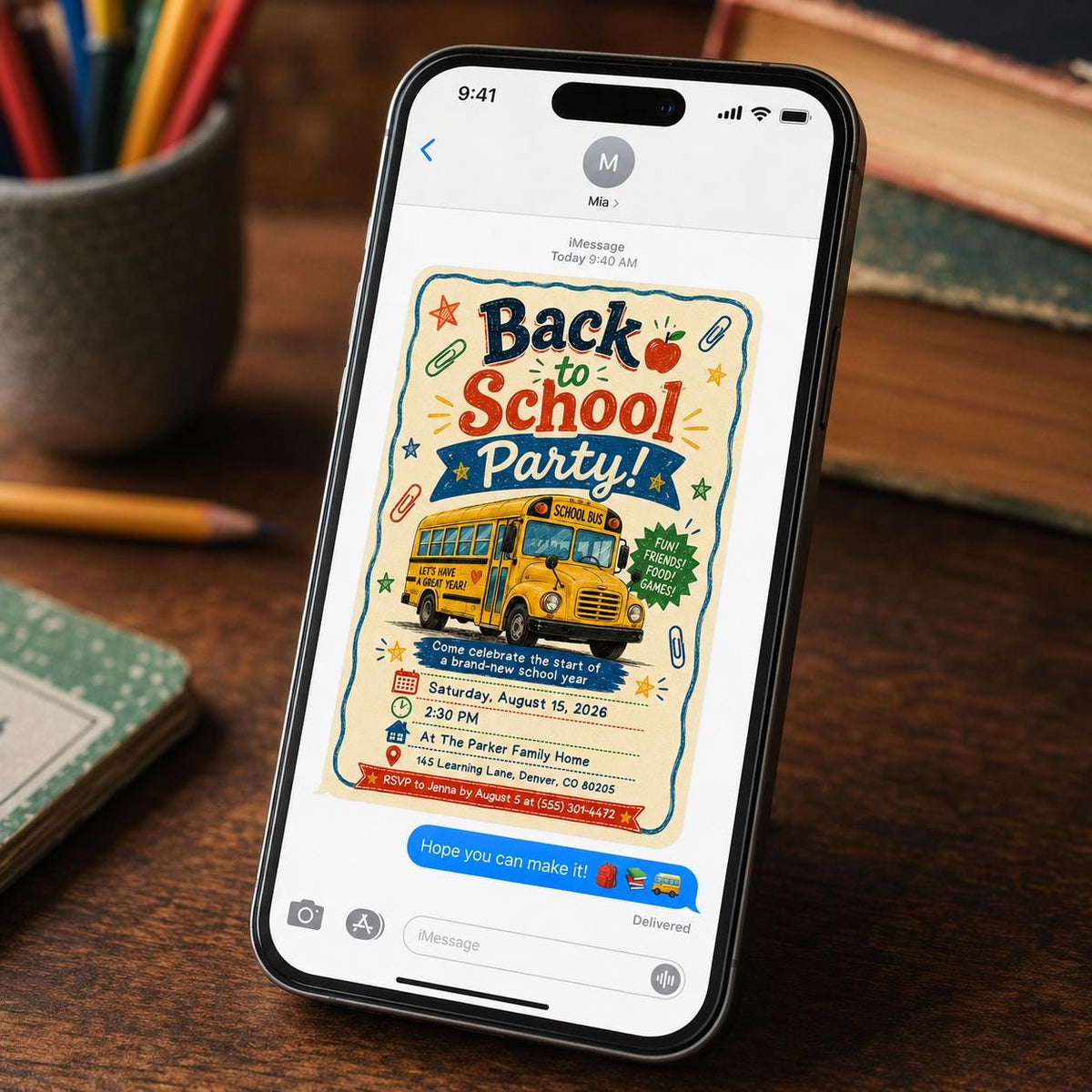 School Bus Back to School Party Invitation: End of Summer Kids Celebration — print-ready back-to-school event design