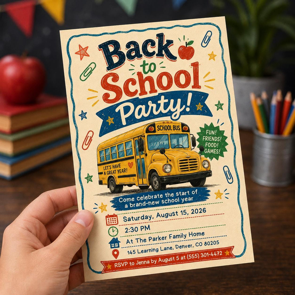 School Bus Back to School Party Invitation: End of Summer Kids Celebration — digital invitation, instant download