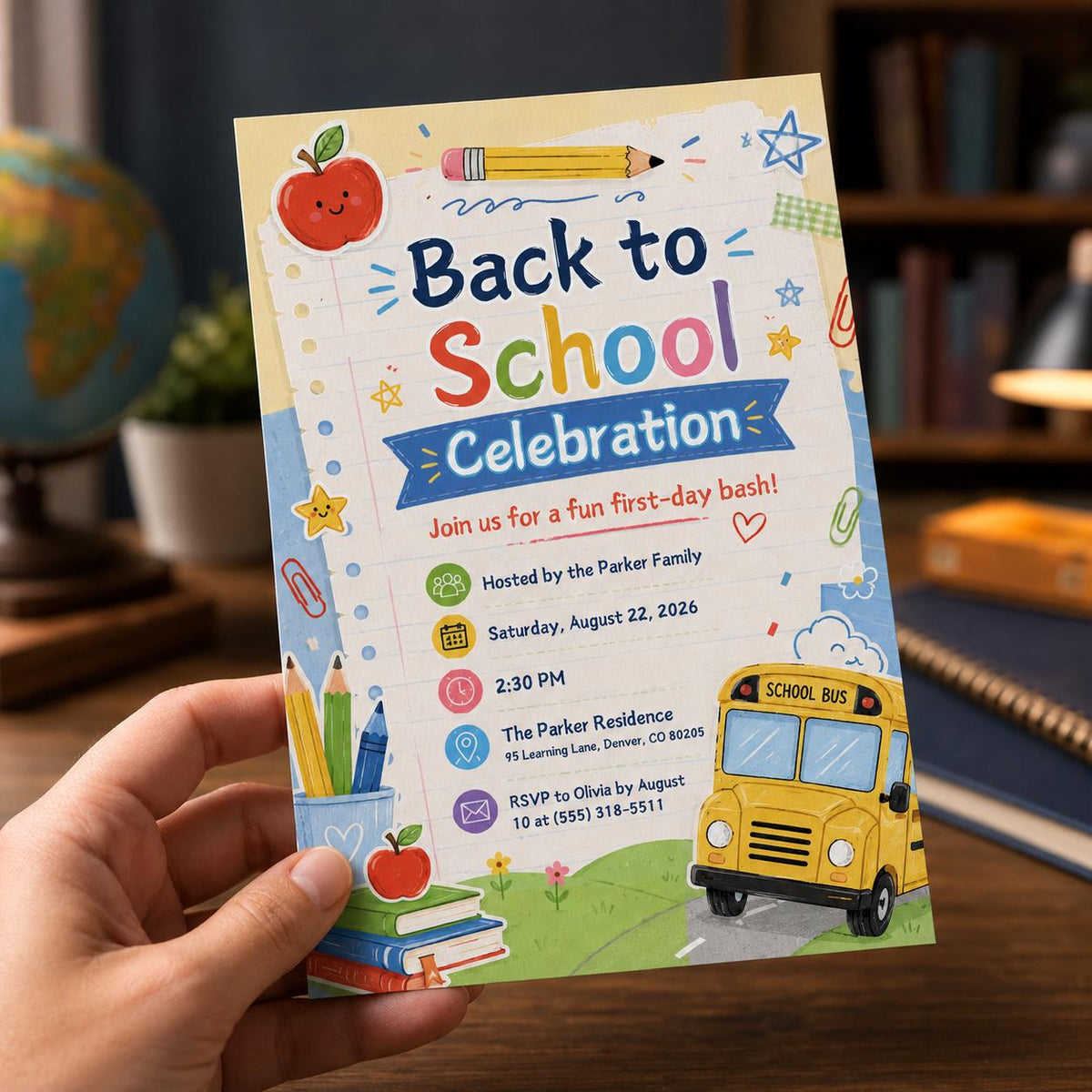School Bus Back to School Party Invitation: First Day Celebration — print-ready back-to-school event design from VoltBy