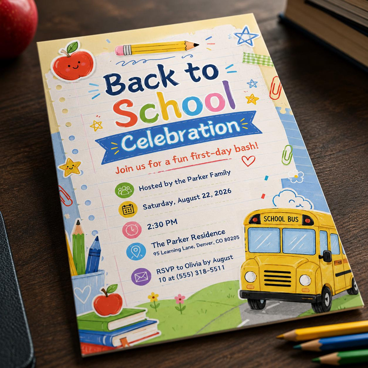 School Bus Back to School Party Invitation: First Day Celebration — back-to-school event stationery by VoltBy