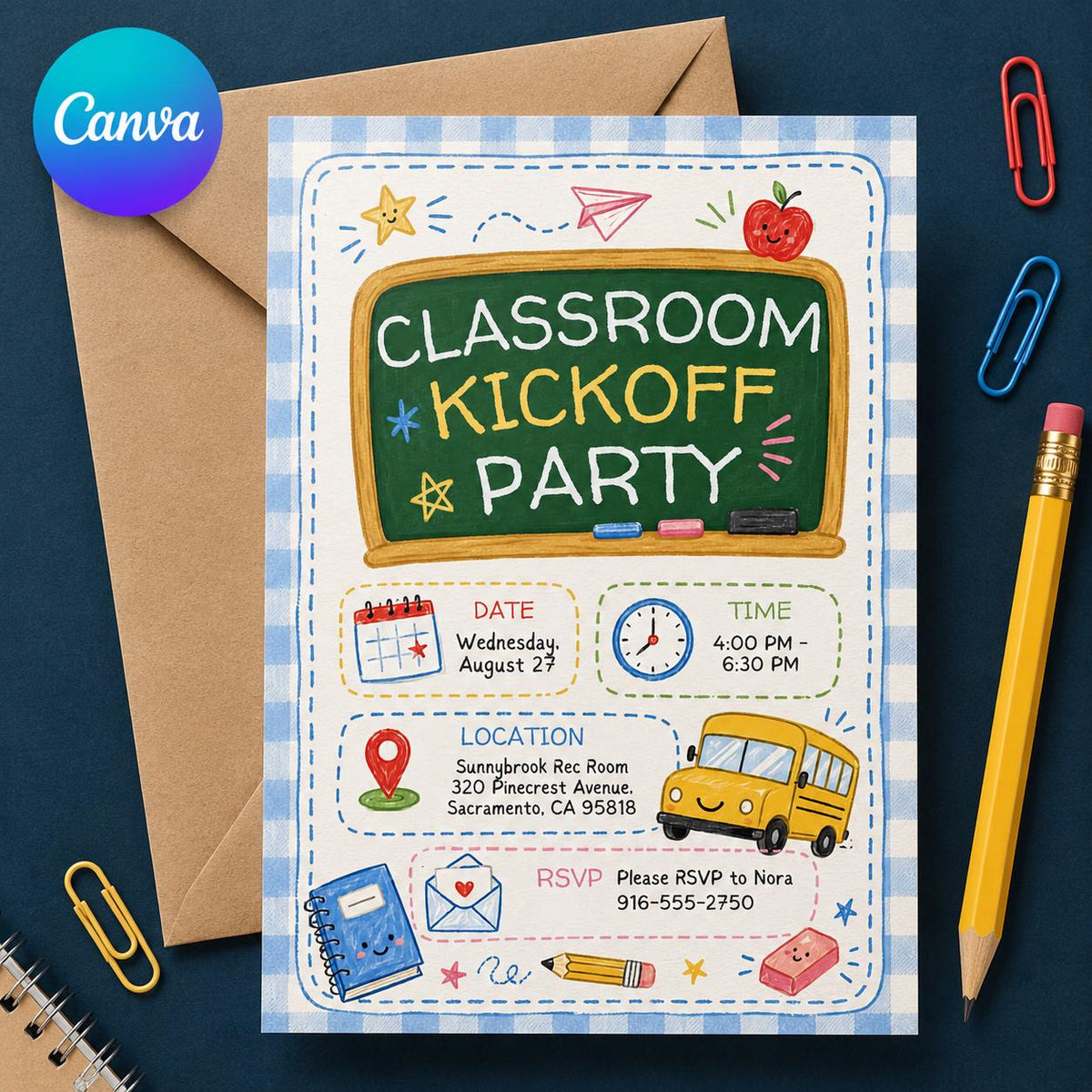 School Bus Classroom Kickoff Party Invitation — editable Canva template