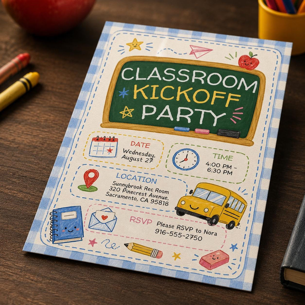 School Bus Classroom Kickoff Party Invitation — print-ready back-to-school event design from VoltBy